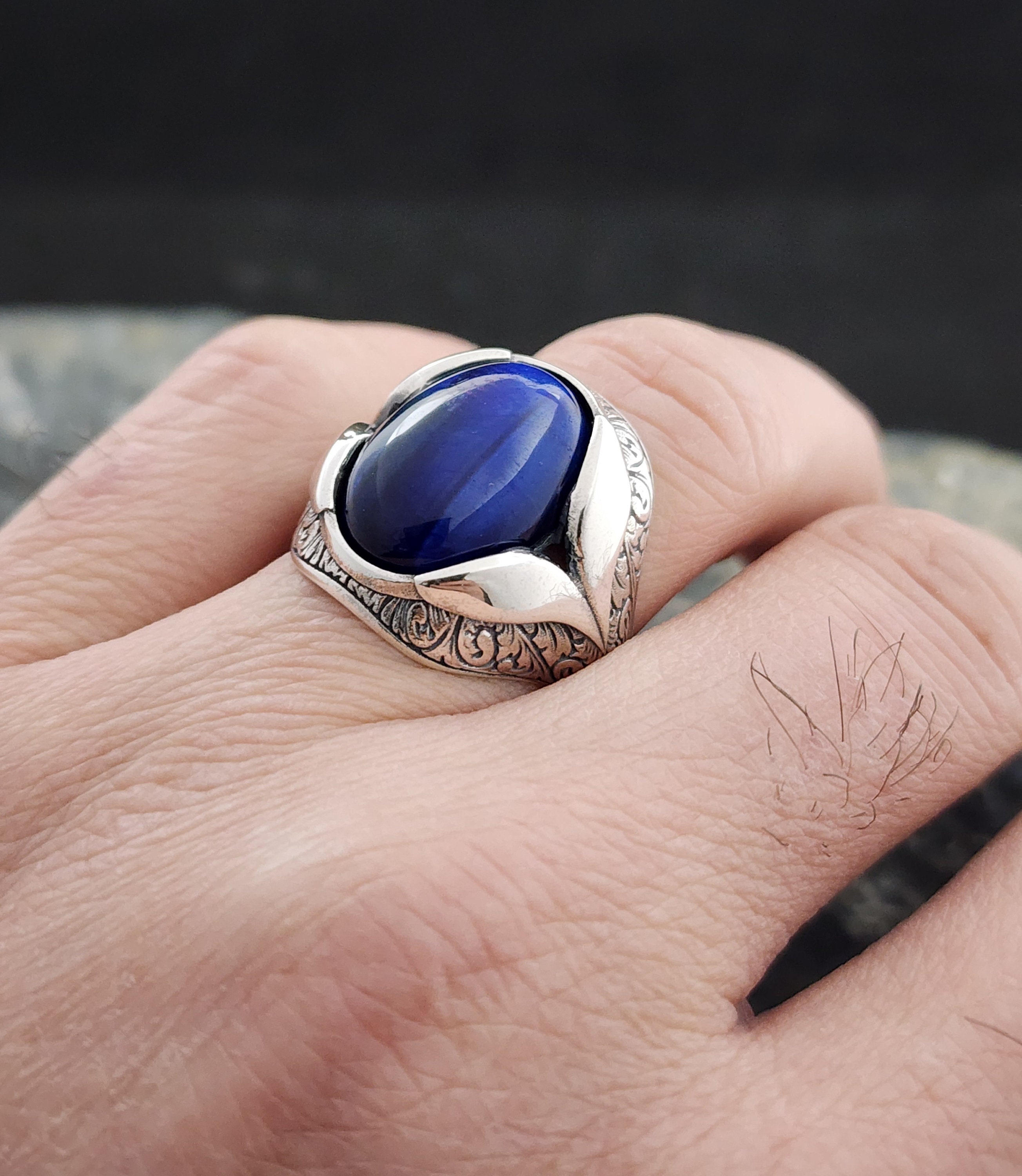 Blue Tiger Eye Stone Ring: Handmade Oxidized 925 Sterling Silver