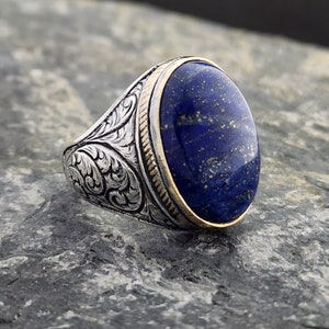 Lapis Lazuli Stone 925 Sterling Silver Men's Ring,Rose Motif With Blue Lapis Lazuli Stone, Handmade Sterling Silver, Jewelry Gift For Mens