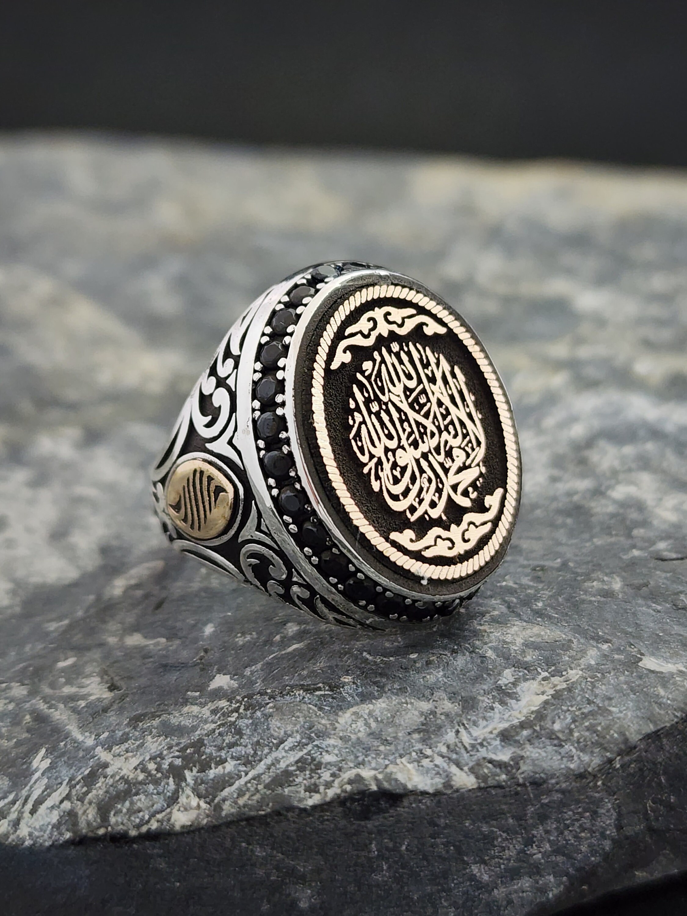 Sterling Silver Word of Tawhid Ring: Islamic CZ Zircon Stone Ring