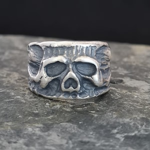 Handmade Oxidized Sterling Silver Skull Ring: Gothic Biker Jewelry