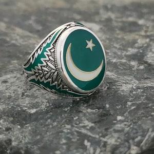 Oval Pakistan Flag Star Ring White And Green,Sterling Silver Ring,Nationals Jewelry,Enamel Colors Ring,Countries Fans Signet Men Ring