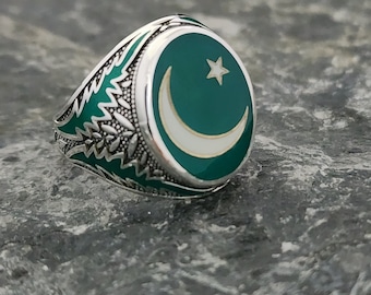Oval Pakistan Flag Star Ring White and Green sterling Silver Ring nationals Jewelry enamel Colors Ring countries Fans Signet Men Ring Etsy