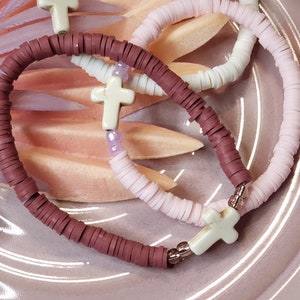 Cross Stone Bead with Heishi Beads, White, Wine Red, Light Pink || Heishi Beaded Bracelet