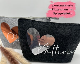 personalized cosmetic bag made of felt - heart with name - make-up bag for women - felt bag as a toiletry bag