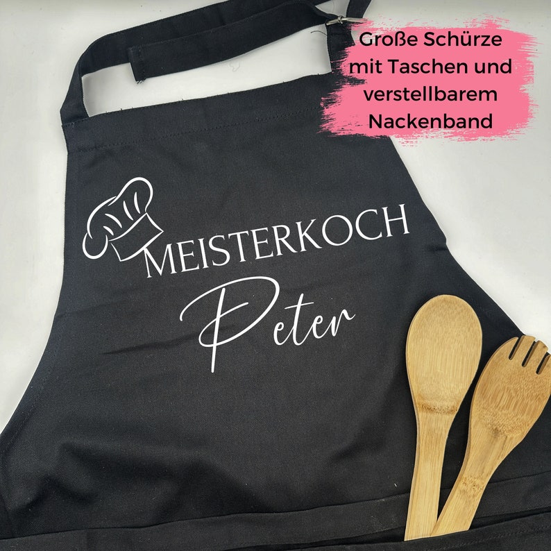 Große Kochschürze verstellbar Grillschürze mit Name Personalisierte Schürze Küche Grill Geschenk Geburtstag Mann Frau Bild 1