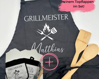 Set Personalisierte Schürze Grillmeister mit Topflappen | Ofenhandschuh| Topfhalter| Küche | Grill  | Grillmeisterin| Meisterkoch