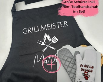 Set Personalisierte Große Schürze Grillmeister mit Ofenhandschuh| Topfhalter| Topfhandschuh | Küche | Grill  | Grillmeisterin| Meisterkoch