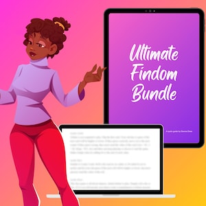 May include: A cartoon illustration of a person standing in front of a tablet and laptop. The tablet has a purple and pink gradient background with the text "Ultimate Fandom Bundle" in white. The laptop screen is blurred. The person is wearing a purple sweater and red pants.