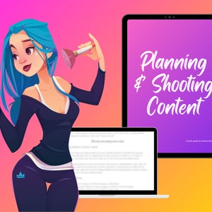 May include: A digital tablet with a pink and purple gradient background and the text "Planning & Shooting Content" in white. A quick guide by Gemma Drew.
