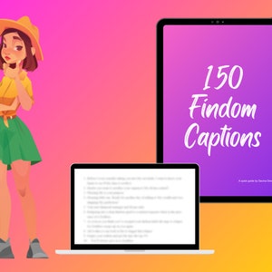 May include: A digital illustration of a woman thinking about a laptop screen with a blurred image of a list of 150 captions. The laptop is next to a tablet with a purple background and the text "150 Findom Captions" in white. A quick guide by Gemma Drew.