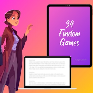 Könnte beinhalten: Eine digitale Illustration einer Frau in einem braunen Mantel und einem blauen Hemd, die eine schwarze Tasche hält. Hinter ihr befindet sich ein Laptop und ein Tablet mit dem Text "34 Findom Games" auf einem lila und rosa Farbverlaufshintergrund.