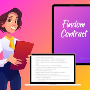 May include: A woman in a white shirt and blue pants holds a red folder in front of a laptop and a tablet. The tablet screen displays the text "Findom Contract" in white lettering on a purple gradient background. The laptop screen shows a blurred document.