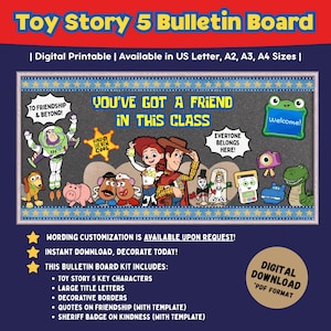 May include: A digital printable bulletin board kit featuring Toy Story 5 characters, including Buzz Lightyear, Woody, Jessie, and others. The board displays the text 'YOU'VE GOT A FRIEND IN THIS CLASS', 'TO FRIENDSHIP & BEYOND!', and 'EVERYONE BELONGS HERE!'.