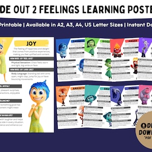 May include: A set of 10 printable posters featuring characters from the movie Inside Out. Each poster features a different emotion, including Joy, Sadness, Disgust, Anger, Fear, Anxiety, Envy, Ennui, Embarrassed, and a description of the emotion. The posters are in a digital download format.