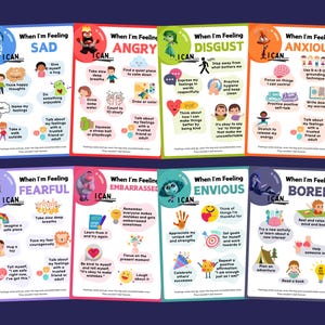Op de afbeelding: Acht kleurrijke posters met cartoonfiguren uit de film Inside Out. Elke poster toont een andere emotie: verdriet, woede, walging, angst, angst, verlegenheid, jaloezie en verveling. Elke poster bevat de zin "Wanneer ik me voel..." en "Ik kan..." gevolgd door een lijst met copingmechanismen voor elke emotie.