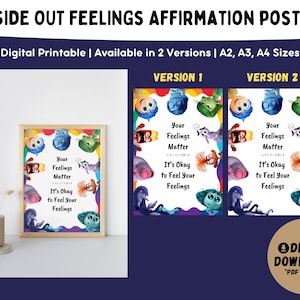 Può includere: Poster stampabile con personaggi del film Inside Out. Il poster ha uno sfondo bianco con bordi colorati e un testo che recita "I tuoi sentimenti contano. Va bene provare i tuoi sentimenti."
