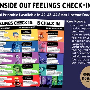 Plakat Inside Out 2 Feelings Check-in | Odczucie fizyczne, Język ciała, Pierwsza reakcja, Cel