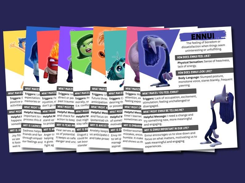 May include: A set of colorful cards featuring characters from the animated film Inside Out. Each card has a different emotion, including Joy, Sadness, Anger, Fear, Disgust, and Ennui. The cards explain the triggers, helpful messages, and why each emotion is important.