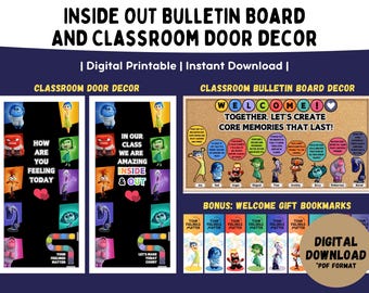 May include: Printable classroom decor featuring characters from the movie Inside Out. The set includes a bulletin board with the text "Welcome! Together, let's create core memories that last!" and two door decorations with the text "How are you feeling today?" and "In our class we are amazing inside & out".