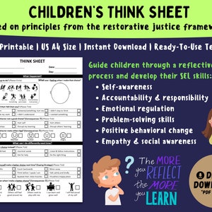 Children&#39;s Restorative Justice Think Sheet | Restorative Practices Behavior Reflection Form | Reflection Think Sheet for Children / Kids