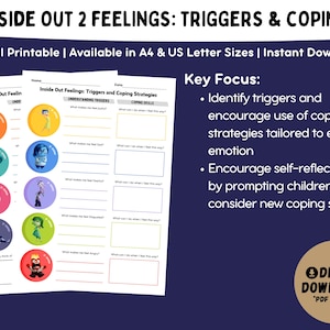 May include: Printable worksheet featuring characters from the movie Inside Out 2. The worksheet is designed to help children identify triggers and coping strategies for different emotions. The worksheet includes prompts for understanding triggers and coping skills.