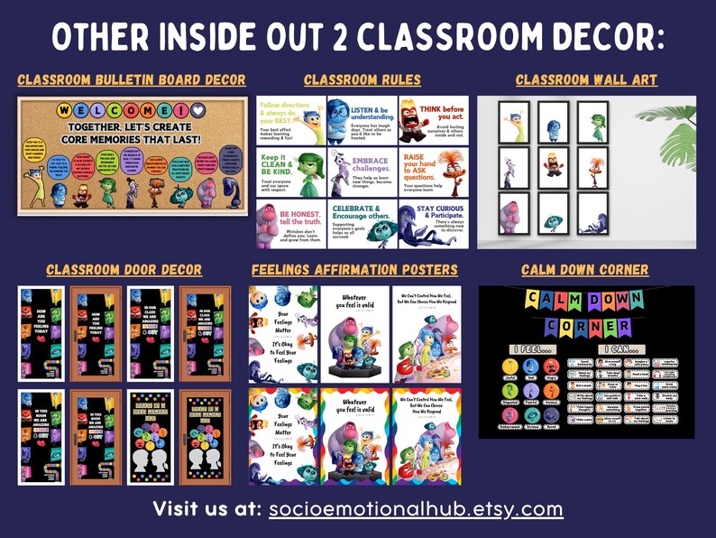 May include: Classroom decor set featuring characters from the movie Inside Out. The set includes a bulletin board, classroom rules, wall art, door decor, feelings affirmation posters, and a calm down corner. The decor features the characters Joy, Sadness, Anger, Fear, and Disgust.