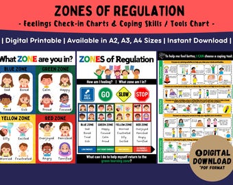 Zones of Regulation Posters: Feelings Check-in, Coping Skills Strategies, Calm Down Corner (Digital Download)