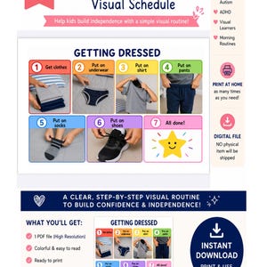 Può includere: Un programma visivo digitale intitolato GETTING DRESSED che presenta sette passaggi numerati con illustrazioni che mostrano capi di abbigliamento e azioni come indossare biancheria intima, una maglietta, pantaloni, calzini e scarpe.