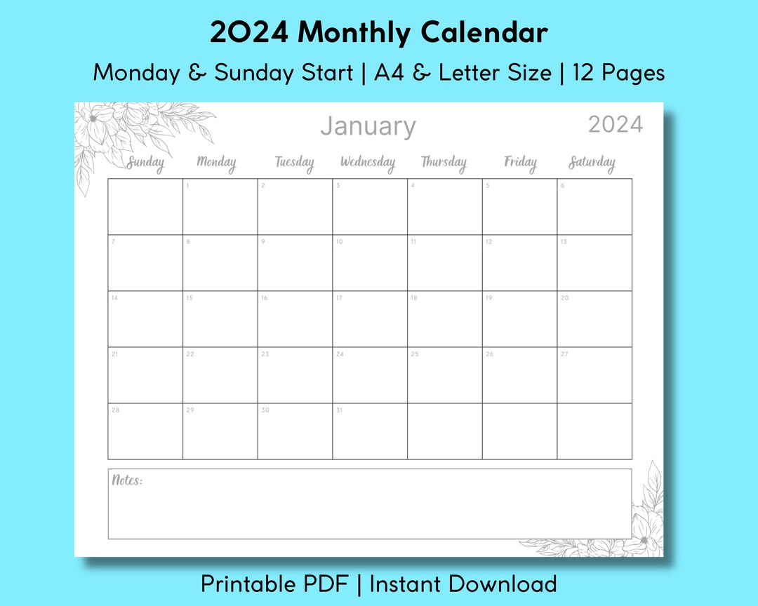2024 Printable Monthly Calendar 2024 Monthly Planner 2024 Minimalist ...