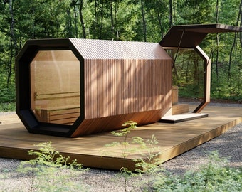 Modern garden sauna with jacuzzi, unique design, relaxation, spa, health