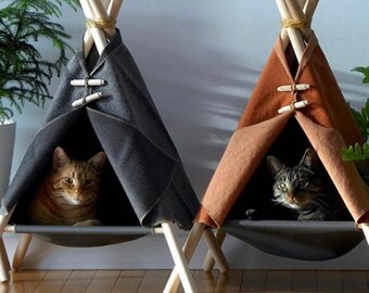 Cat & dog tepee, pet tepee, cat dog pet tent house, wood fleece fabric pet furniture