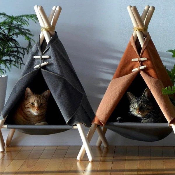 Cat & dog tepee, pet tepee, cat dog pet tent house, wood fleece fabric pet furniture