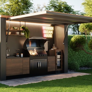 Modern garden kitchen "SKY KITCHEN" with grill and pizza oven, herbs, flowers, wood, stainless steel