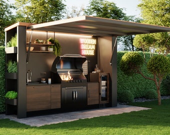 Modern garden kitchen "SKY KITCHEN" with grill and pizza oven, herbs, flowers, wood, stainless steel