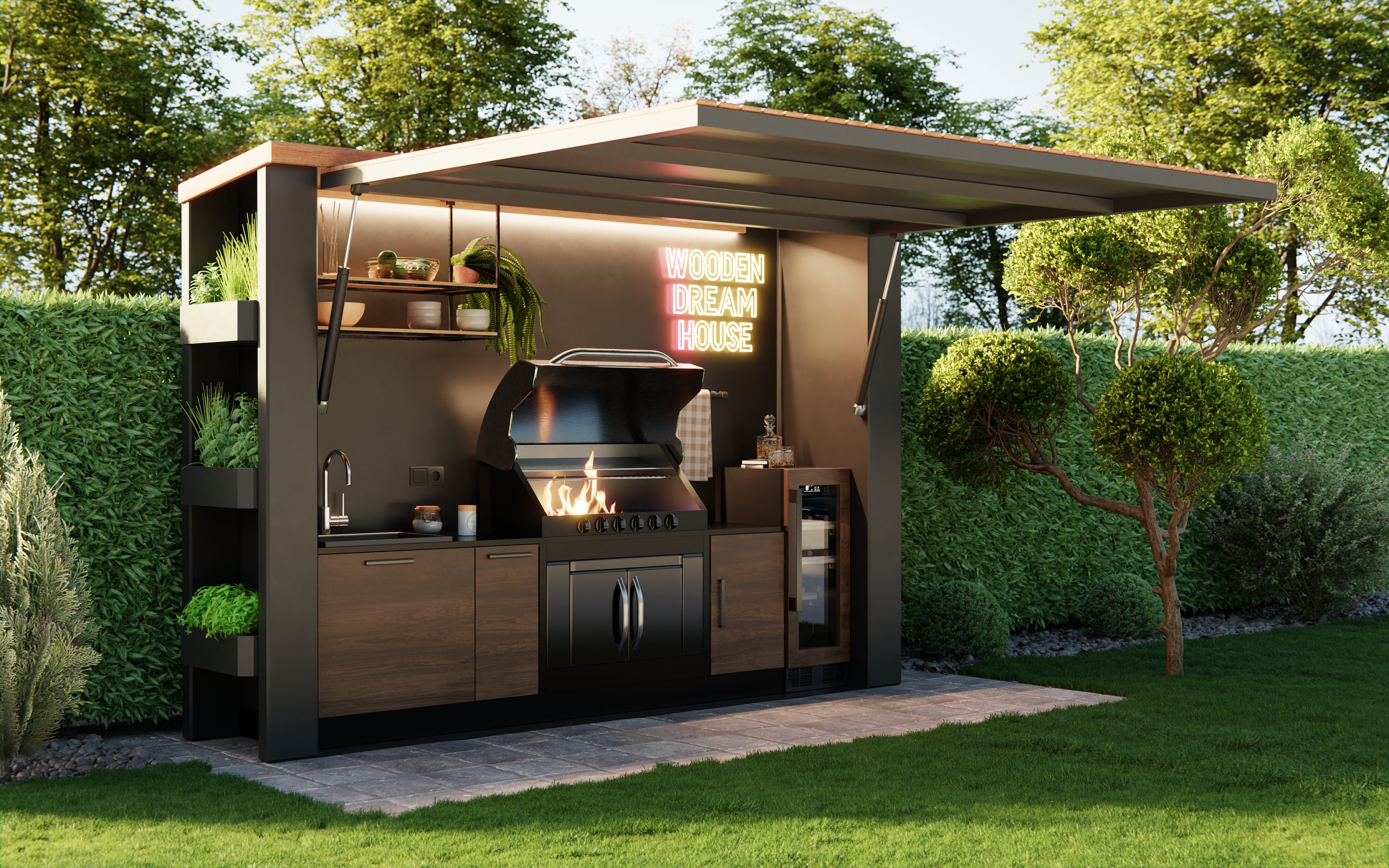 Modern Garden Kitchen sky Kitchen With Grill and Pizza Oven, Herbs