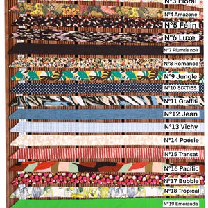 Könnte beinhalten: Eine Präsentation von Stoffstreifen mit Mustern, jeweils mit Nummer und Namen versehen. Die Designs umfassen Blumenmuster, Tierdrucke, Punkte, Streifen und unifarbene Stoffe. Die Etiketten zeigen "Tattoo", "Floral", "Jungle" und "Leopard".