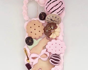 Spring Pastel Alice in Wonderland Decoden Phone Case  | Handmade Clay Charms, Biscuits, Chocolate, Roses