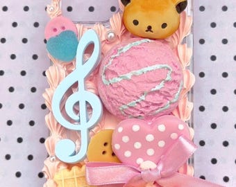 Pastel Pink Blue Decoden Phone Case | Handmade Clay Charms, Music Note, Biscuits