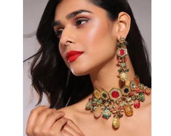 Set kundan, Choker multi Kundan, Set di choker da sposa Kundan, Set da sposa Kundan personalizzabili, Set Kundan reali regalo per lei.