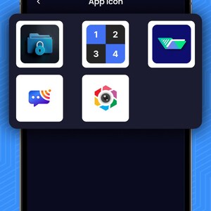 May include: A smartphone screen displaying a Disguise App Icon menu with five square icons. The icons include a blue folder with a lock, a grid labeled 1, 2, 3, 4, a green and blue shape, a purple speech bubble with signal waves, and a colorful camera lens.