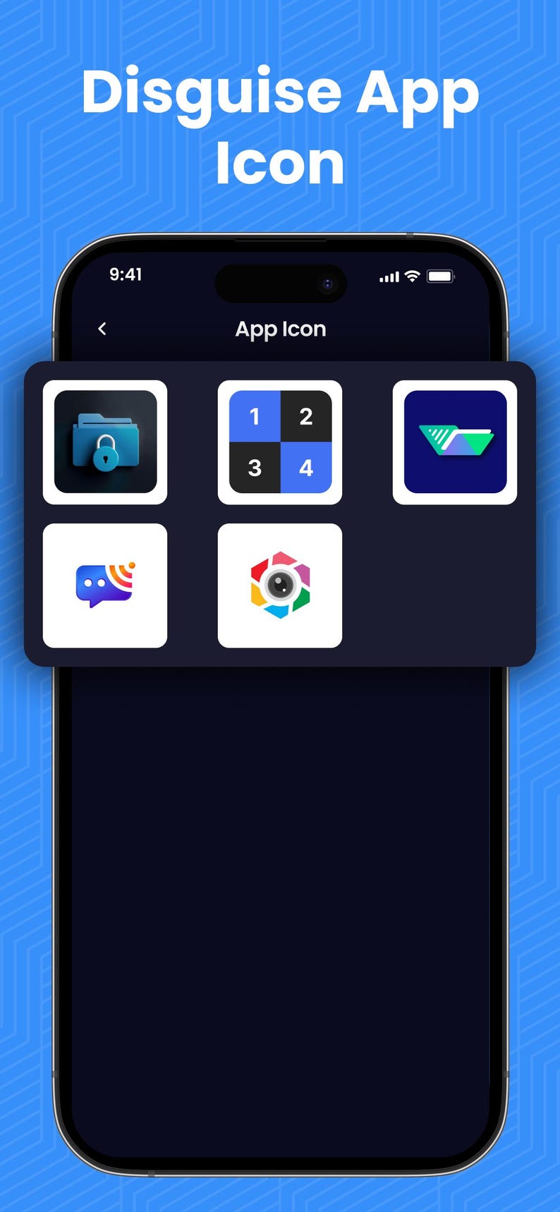 May include: A smartphone screen displaying a Disguise App Icon menu with five square icons. The icons include a blue folder with a lock, a grid labeled 1, 2, 3, 4, a green and blue shape, a purple speech bubble with signal waves, and a colorful camera lens.