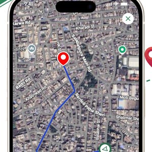Puede incluir: Una pantalla de smartphone que muestra una interfaz de aplicaci&oacute;n de navegaci&oacute;n con vista de mapa satelital, una l&iacute;nea de ruta azul, un pin de ubicaci&oacute;n rojo y el texto FIND THE FASTEST ROUTE, SMART DIRECTIONS WITH LIVE MAP, Start, From, To.