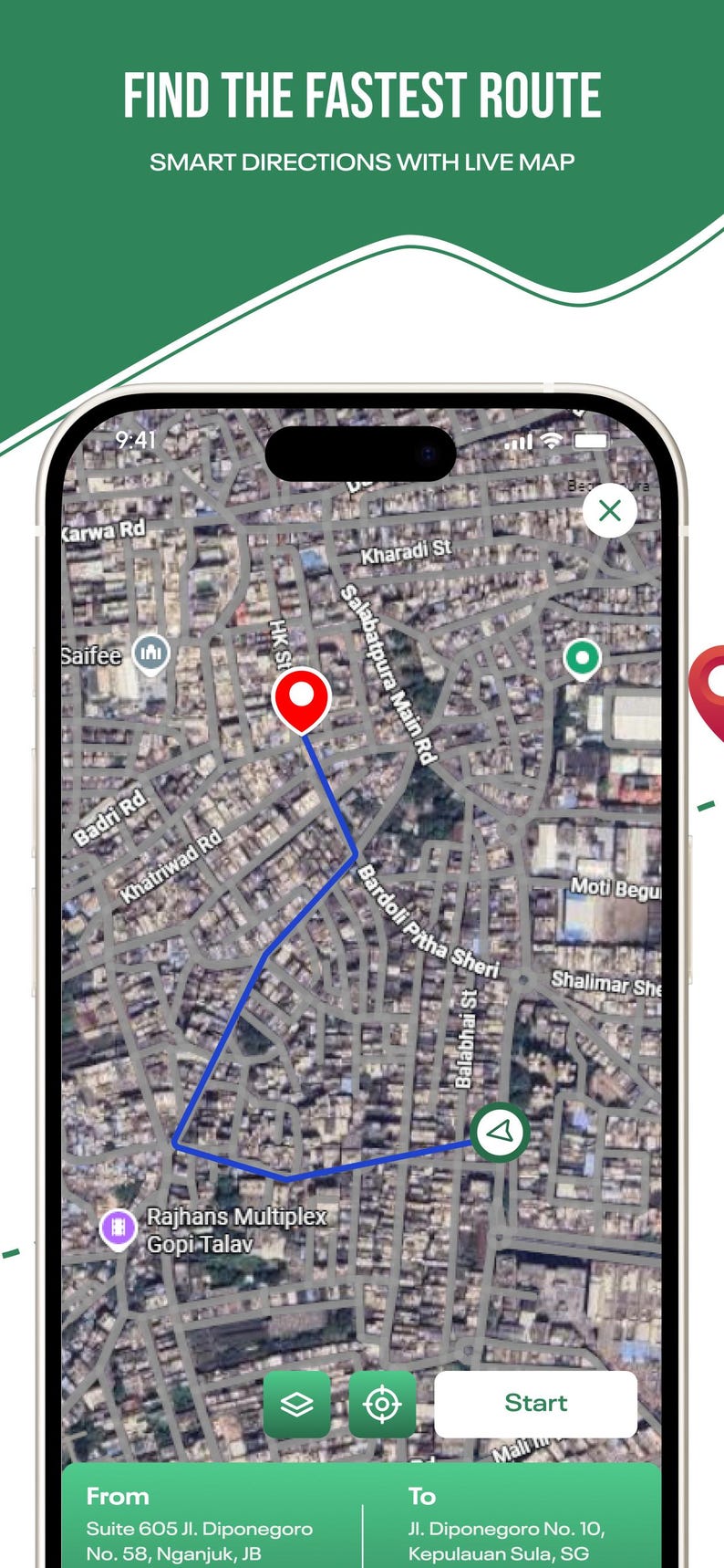 Puede incluir: Una pantalla de smartphone que muestra una interfaz de aplicaci&oacute;n de navegaci&oacute;n con vista de mapa satelital, una l&iacute;nea de ruta azul, un pin de ubicaci&oacute;n rojo y el texto FIND THE FASTEST ROUTE, SMART DIRECTIONS WITH LIVE MAP, Start, From, To.