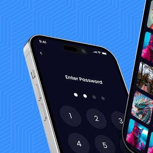 May include: A smartphone screen displays an Enter Password interface with a numeric keypad on a dark background. Text above reads Protect Your Device From Stranger curiosity. Icons for Face ID, Touch ID, and PIN are visible on the left side.