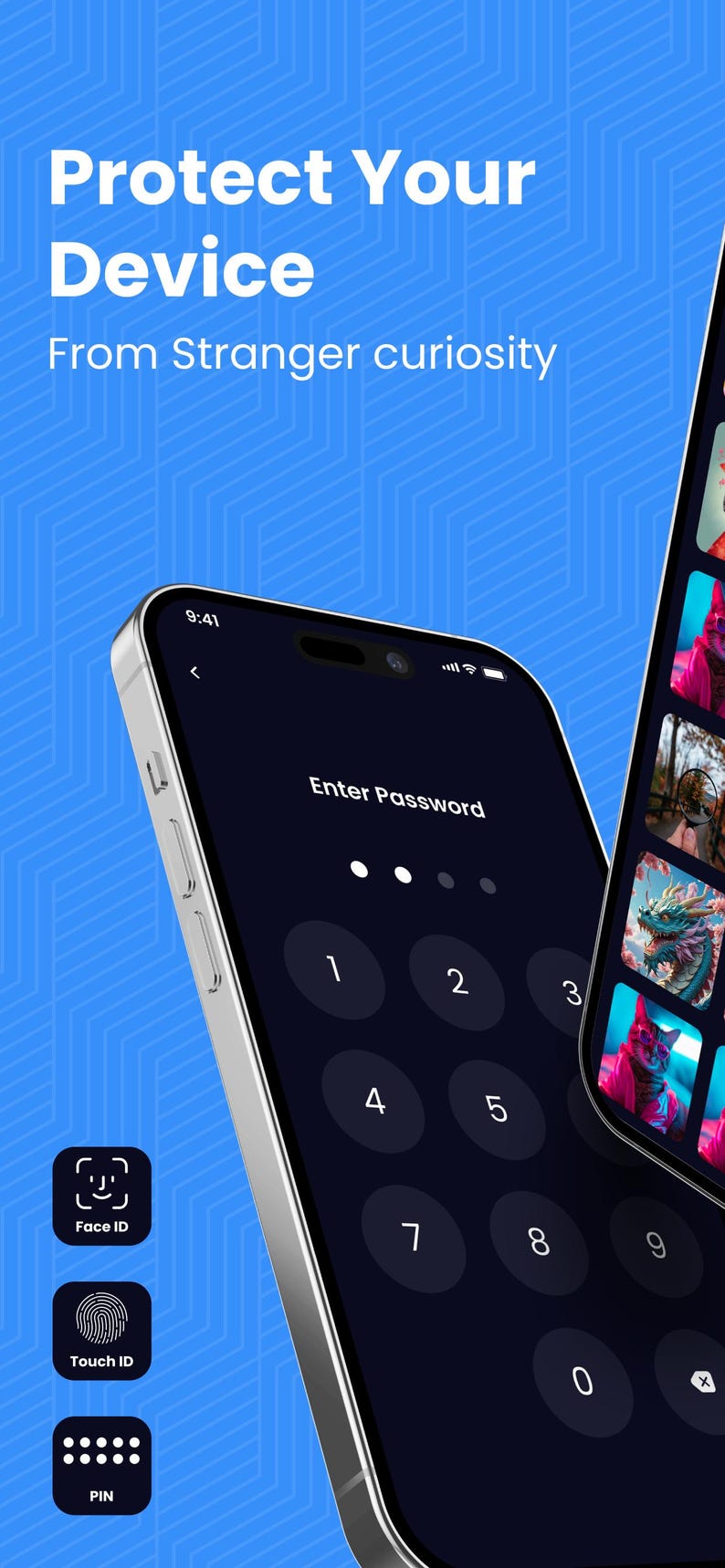 May include: A smartphone screen displays an Enter Password interface with a numeric keypad on a dark background. Text above reads Protect Your Device From Stranger curiosity. Icons for Face ID, Touch ID, and PIN are visible on the left side.
