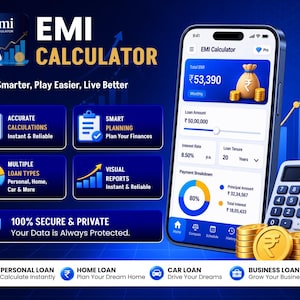 Könnte beinhalten: Ein Smartphone mit der Benutzeroberfläche einer EMI-Rechner-App, die Finanzdaten, Kreditbeträge und Zinssätze anzeigt. Der Bildschirm zeigt eine EMI von 53.390, ein Kreisdiagramm und Navigationssymbole. Ein Taschenrechner und Goldmünzen liegen daneben.