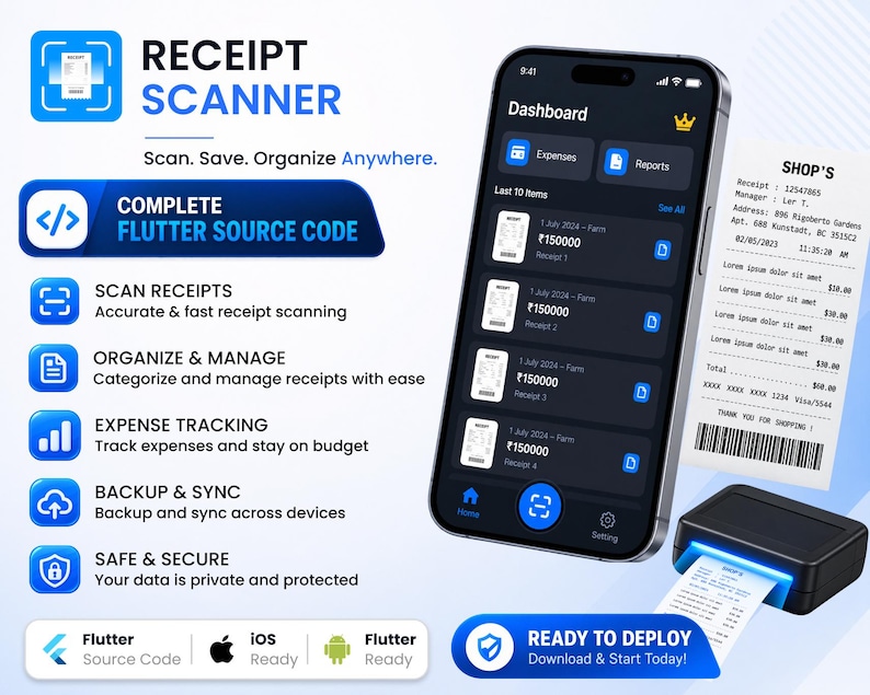 May include: A smartphone displaying a receipt scanner app dashboard with a dark interface, next to a physical receipt and a small black thermal printer. Text includes Receipt Scanner, Complete Flutter Source Code, and Ready to Deploy.