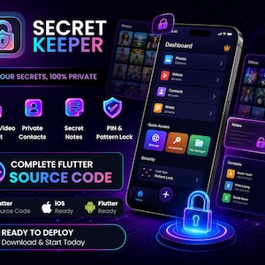 May include: A digital interface for the Secret Keeper mobile application, featuring a dark theme with neon purple and blue accents. The display shows a dashboard with icons for photos, videos, contacts, and notes, alongside text including Complete Flutter Source Code and Ready to Deploy.
