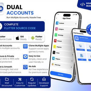 以下が含まれることがあります： Dual Accounts Flutterソースコードのデジタルプロモーション画像。ソーシャルメディアアイコン、機能リスト、Source Code Ready To UseやSecure & Privateなどのテキストが表示されたアプリインターフェースを持つ2台のスマートフォンが描かれています。