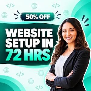 Puede incluir: Un gráfico promocional con una persona sonriente en un blazer negro con el texto blanco 50% OFF WEBSITE SETUP IN 72 HRS. El fondo es un degradado de color verde azulado y blanco con pequeños iconos de globos terráqueos y corchetes de código.